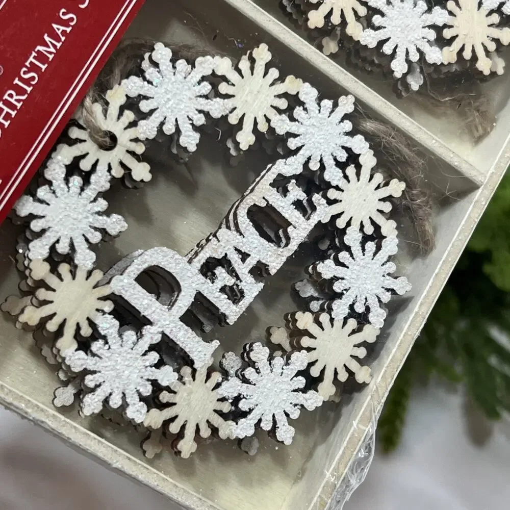 World Market Wood Christmas Scene Ornaments Set of 12 White Glitter Peace Merry
